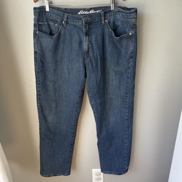 Eddie Bauer Jeans Mens Sz 38x30 Buffalo Check Flannel Lined Medium Wash Straight - Picture 1 of 10